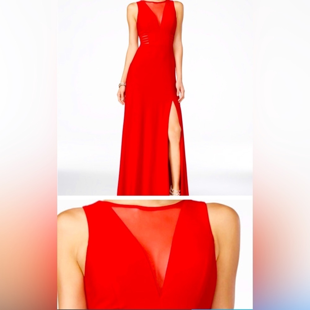 Red Formal by Morgan and Company, Deep V & waist cutouts with mesh, size 5